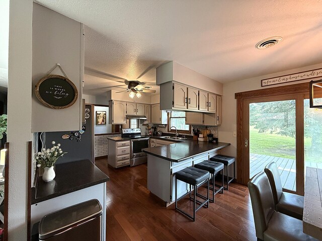 112 Orchard Cir, Montevideo, MN 56265 - kitchen with stainless steel electric range oven, a peninsula, dark countertops, plenty of natural light, and a textured ceiling