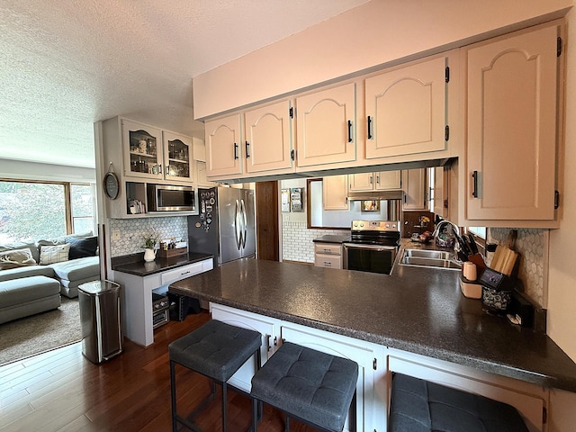 112 Orchard Cir, Montevideo, MN 56265 - kitchen with appliances with stainless steel finishes, a peninsula, dark countertops, a textured ceiling, and dark wood-style floors