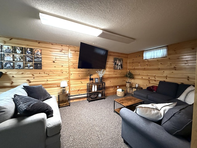 112 Orchard Cir, Montevideo, MN 56265 - living area with wooden walls, carpet flooring, and a textured ceiling