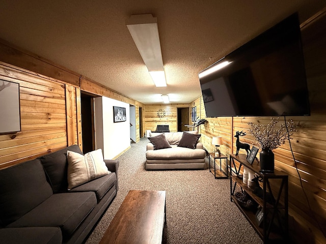 112 Orchard Cir, Montevideo, MN 56265 - living room featuring wood walls, a textured ceiling, carpet floors, and a fireplace