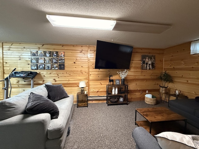112 Orchard Cir, Montevideo, MN 56265 - living area featuring carpet, wooden walls, and a textured ceiling