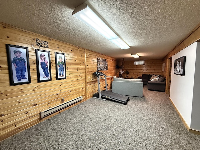 112 Orchard Cir, Montevideo, MN 56265 - workout room with a textured ceiling, wooden walls, carpet, and baseboard heating