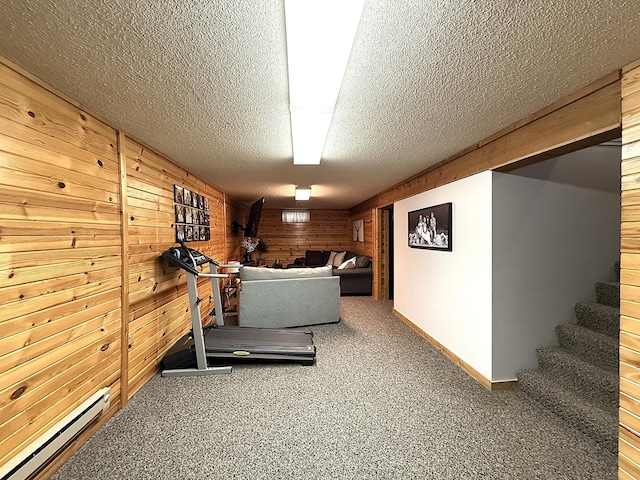 112 Orchard Cir, Montevideo, MN 56265 - exercise area with a baseboard heating unit, a textured ceiling, wood walls, and carpet floors