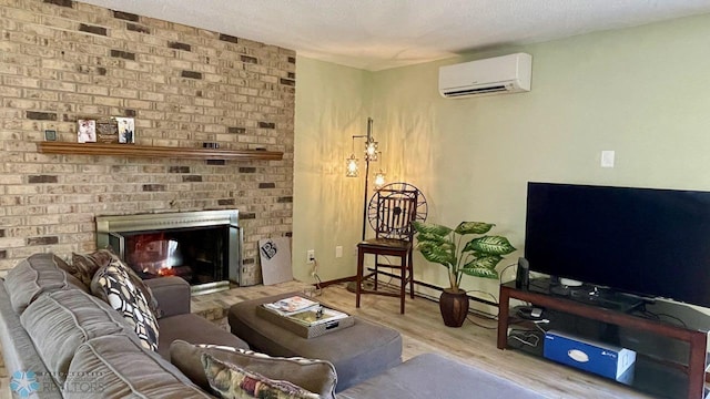 2440 15th St S Unit B14, Fargo, ND 58103 - living area with an AC wall unit, a brick fireplace, wood finished floors, and a textured ceiling