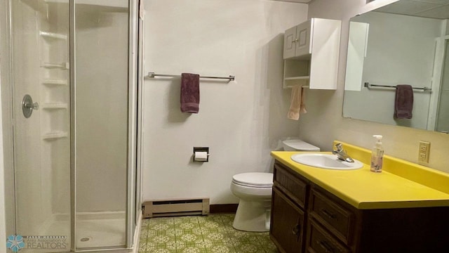 2440 15th St S Unit B14, Fargo, ND 58103 - bathroom featuring a baseboard radiator, a shower stall, vanity, and tile patterned floors