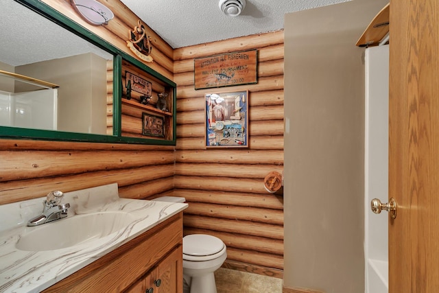 906 Cory Ln, Saint Cloud, MN 56303 - full bath with a shower, vanity, a textured ceiling, rustic walls, and a bathtub