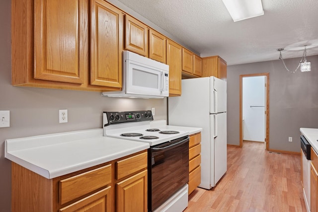 14220 Xenon St NW Unit 6Nw, Ramsey, MN 55303 - kitchen featuring white appliances, light wood-style flooring, light countertops, a textured ceiling, and brown cabinets