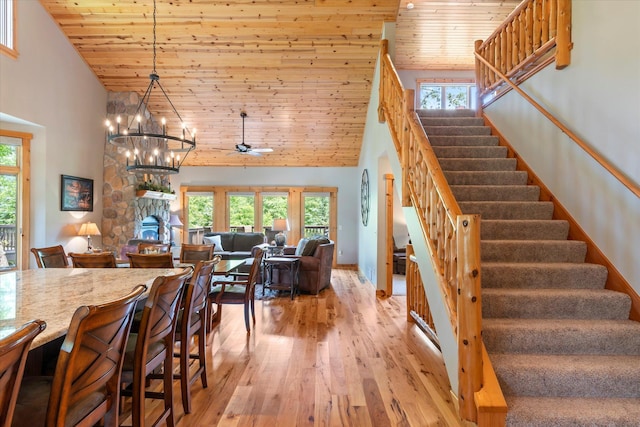 34792 Shore Ln, Crosslake, MN 56442 - staircase featuring high vaulted ceiling, wooden ceiling, hardwood / wood-style flooring, ceiling fan, and plenty of natural light