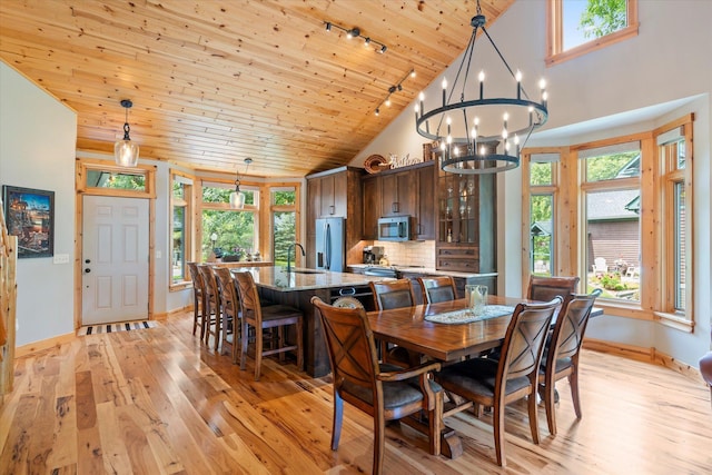 34792 Shore Ln, Crosslake, MN 56442 - dining space featuring wood ceiling, high vaulted ceiling, rail lighting, light wood finished floors, and a chandelier