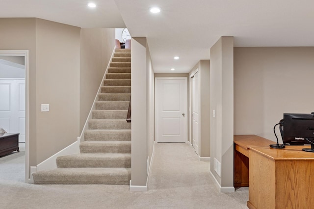 5053 Sunstream Ln, Woodbury, MN 55129 - stairs featuring carpet and recessed lighting