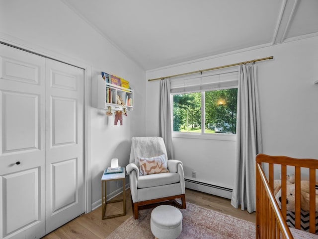 832 10th Ave SE, Forest Lake, MN 55025 - bedroom with a baseboard radiator, lofted ceiling, and light wood-type flooring