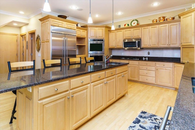 2719 Spring Lake Rd SW, Prior Lake, MN 55372 - kitchen featuring stainless steel appliances, light brown cabinetry, ornamental molding, a kitchen breakfast bar, and light wood-style floors