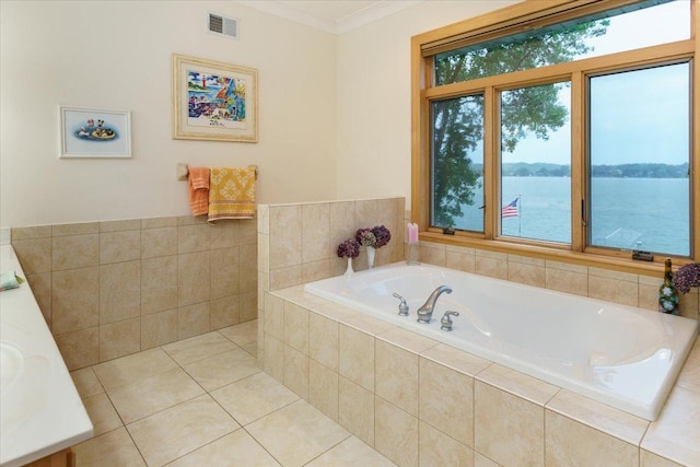 2719 Spring Lake Rd SW, Prior Lake, MN 55372 - full bathroom featuring a garden tub, a water view, tile patterned flooring, vanity, and ornamental molding
