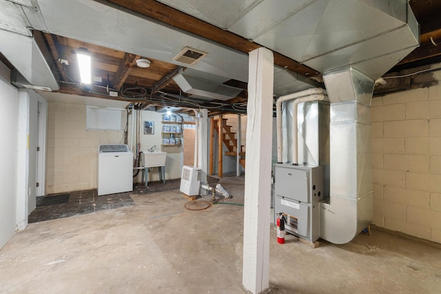 1921 Minneapolis Ave, Duluth, MN 55803 - unfinished basement featuring washer / dryer, heating unit, and stairway