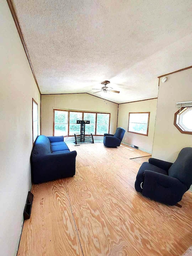 1329 US Highway 8, Balsam Lake, WI 54001 - living area featuring vaulted ceiling, a textured ceiling, ceiling fan, plenty of natural light, and wood finished floors