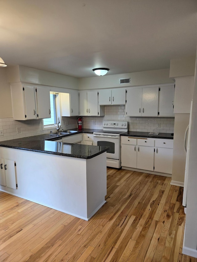 3615 Mckinley St NE, Minneapolis, MN 55418 - kitchen featuring electric range, light wood finished floors, tasteful backsplash, white cabinets, and a peninsula
