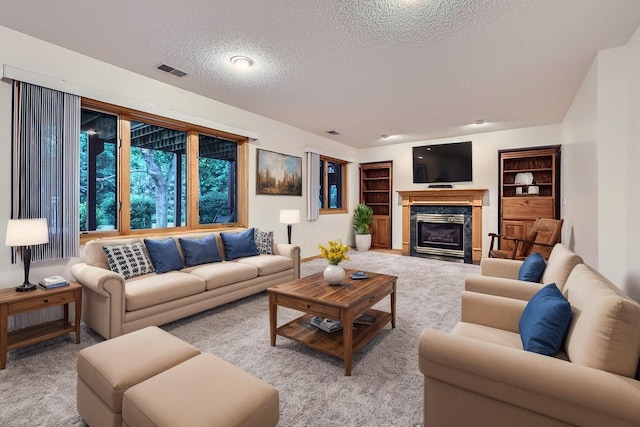 14078 Quince St NW, Andover, MN 55304 - carpeted living area with a textured ceiling and a fireplace