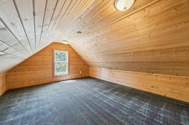 N3752 County Road K, Trenton Twp, WI 54014 - additional living space with wooden walls, dark carpet, lofted ceiling, and wood ceiling
