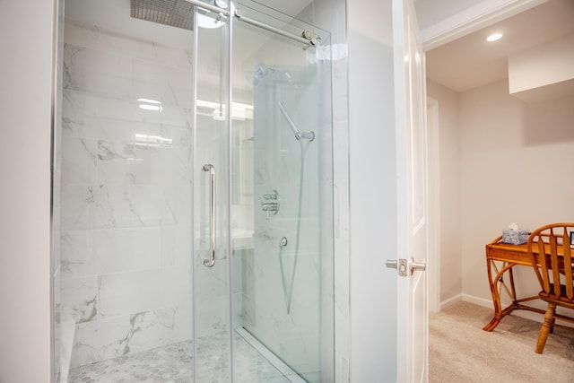 1030 Idaho Ave N, Golden Valley, MN 55427 - bathroom featuring a marble finish shower and recessed lighting
