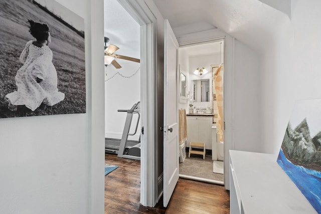 3734 Emerson Ave N, Minneapolis, MN 55412 - hallway featuring dark wood-style floors and vaulted ceiling