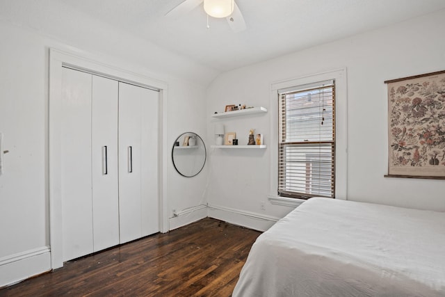 3734 Emerson Ave N, Minneapolis, MN 55412 - bedroom with dark wood-type flooring, lofted ceiling, a ceiling fan, and a closet