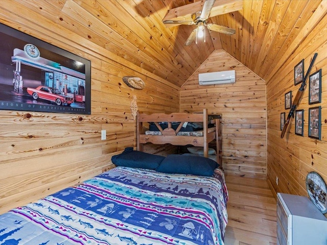 31591 Summer Dr, Breezy Point, MN 56472 - bedroom featuring wooden ceiling, wooden walls, vaulted ceiling, an AC wall unit, and wood-type flooring