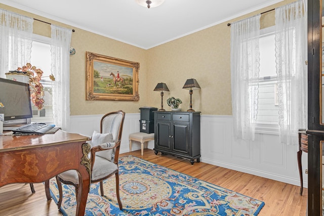 6920 Russell Ave S, Richfield, MN 55423 - office featuring light wood finished floors, a wainscoted wall, healthy amount of natural light, ornamental molding, and a decorative wall