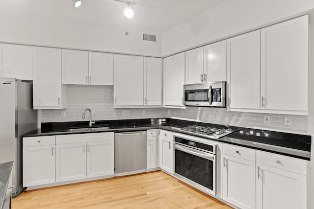 408 1st St Unit 310, Minneapolis, MN 55401 - kitchen with stainless steel appliances, white cabinets, backsplash, and dark countertops