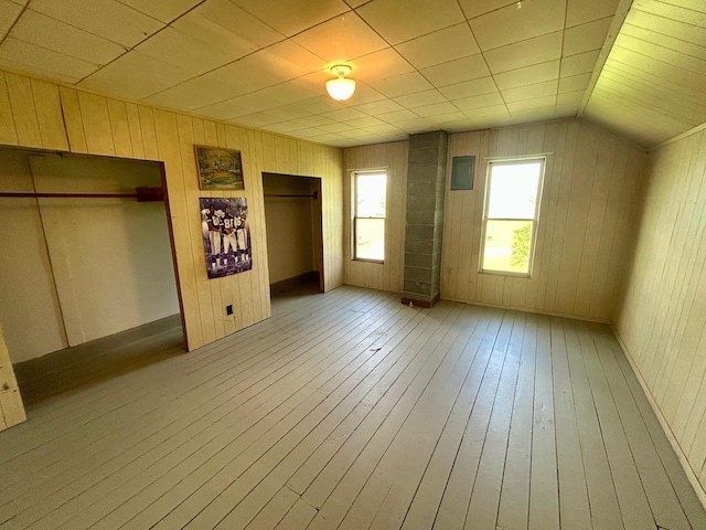 31231 568th Ave, Deer Creek Twp, MN 56527 - unfurnished bedroom featuring wood-type flooring, wooden walls, and two closets