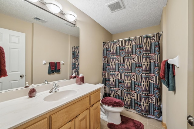 2011 117th Ln NE, Blaine, MN 55449 - bathroom featuring vanity, a textured ceiling, tile patterned flooring, and a shower with shower curtain