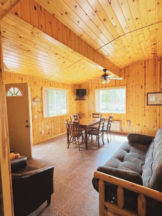 35686 Rush Lake Loop Unit 9, Rush Lake Twp, MN 56571 - living area featuring wood ceiling, healthy amount of natural light, wooden walls, and ceiling fan