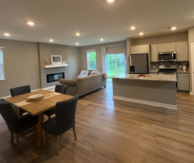 11263 131st Cir N, Dayton, MN 55327 - dining room with wood finished floors, a glass covered fireplace, and recessed lighting