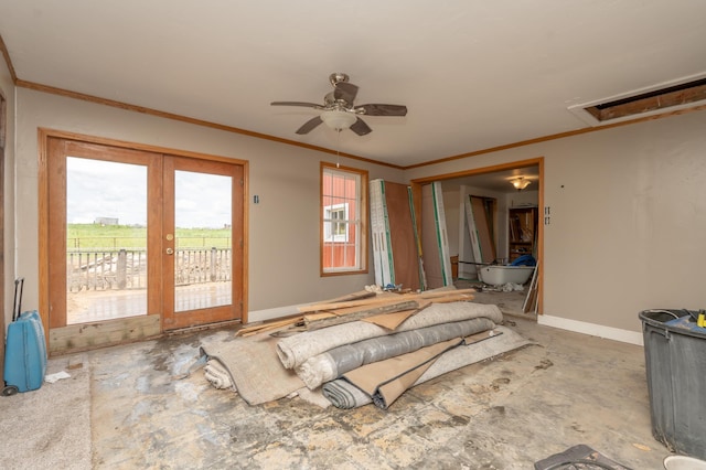 33406 151st Ave, Montgomery, MN 56069 - unfurnished bedroom with access to exterior, attic access, crown molding, ceiling fan, and french doors