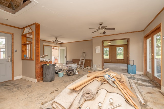 33406 151st Ave, Montgomery, MN 56069 - living area featuring a ceiling fan and ornamental molding