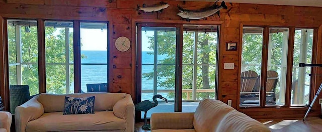 20758 Pike Ave, Aitkin, MN 56431 - doorway to outside featuring a water view and wooden walls