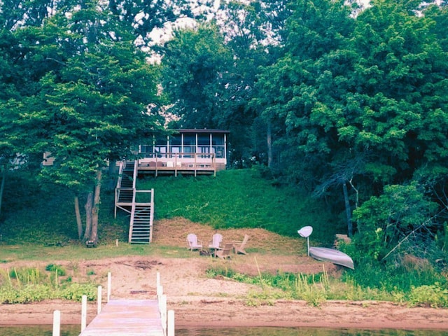 20758 Pike Ave, Aitkin, MN 56431 - dock area featuring a wooden deck and stairway