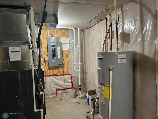 959 29th Ave W, West Fargo, ND 58078 - utility room featuring electric water heater, electric panel, and heating unit