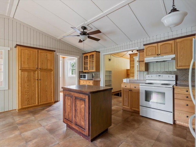 33277 308th Ln, Aitkin, MN 56431 - kitchen featuring white appliances, under cabinet range hood, lofted ceiling, a ceiling fan, and glass insert cabinets