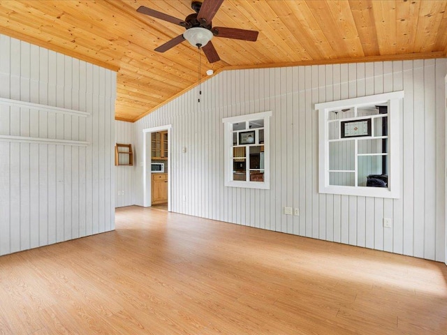 33277 308th Ln, Aitkin, MN 56431 - empty room with lofted ceiling, wood finished floors, ceiling fan, wood ceiling, and wood walls