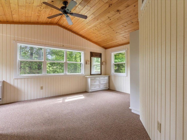 33277 308th Ln, Aitkin, MN 56431 - carpeted empty room with lofted ceiling, wood ceiling, and ceiling fan
