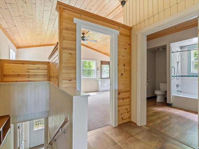 33277 308th Ln, Aitkin, MN 56431 - hall featuring an upstairs landing, wood walls, wooden ceiling, and vaulted ceiling