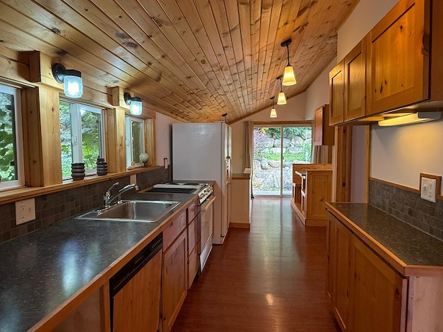 2161 Cardinal Ln, Mound, MN 55364 - kitchen featuring dishwasher, decorative backsplash, dark wood finished floors, dark countertops, and brown cabinetry