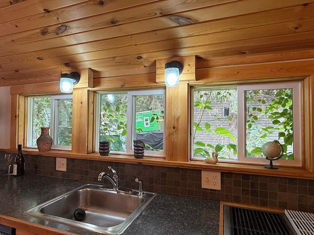2161 Cardinal Ln, Mound, MN 55364 - kitchen with backsplash, dark countertops, and wood ceiling