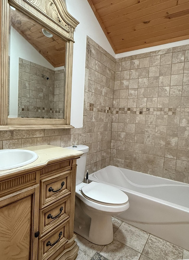 2161 Cardinal Ln, Mound, MN 55364 - bathroom with vaulted ceiling, tile walls, wood ceiling, vanity, and shower / bathtub combination
