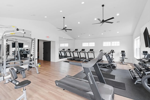 7237 Ada Dr, Lino Lakes, MN 55038 - gym featuring a ceiling fan, recessed lighting, wood finished floors, and high vaulted ceiling