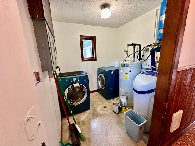 16033 Popplewood Rd NE, Hines Twp, MN 56647 - laundry room with water heater, washing machine and dryer, and a textured ceiling