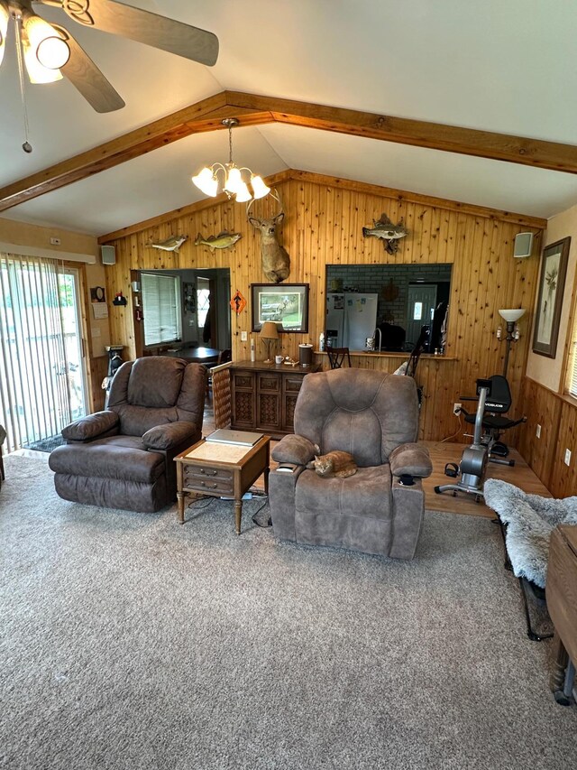1374 State Highway 11 SE, Baudette, MN 56623 - living room featuring wooden walls, a ceiling fan, and carpet floors