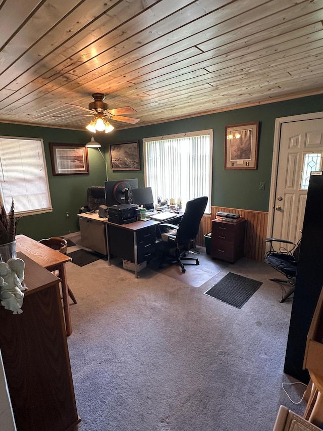 1374 State Highway 11 SE, Baudette, MN 56623 - carpeted home office featuring wood ceiling, healthy amount of natural light, wainscoting, ornamental molding, and ceiling fan