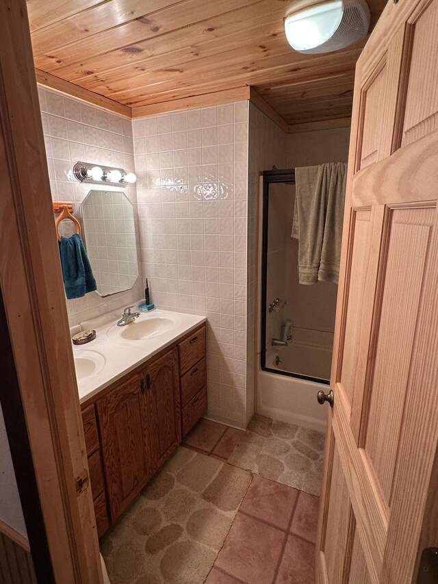 1374 State Highway 11 SE, Baudette, MN 56623 - full bath featuring wood ceiling, double vanity, and combined bath / shower with glass door