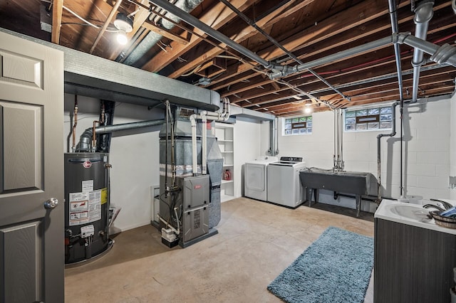 6781 Plaza Curv NE, Fridley, MN 55432 - basement with independent washer and dryer, gas water heater, heating unit, and concrete block wall
